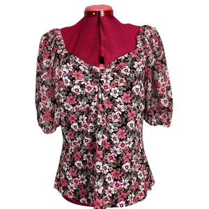 Chenault floral knit top chiffon sleeves twist-knot front elasticized sleeves